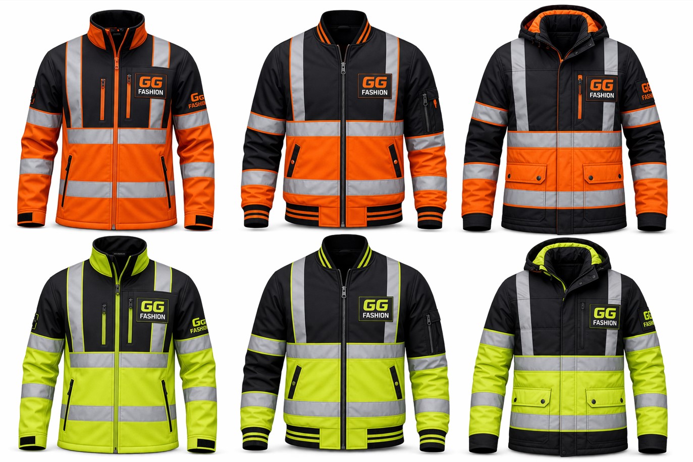 High-visibility reflective safety jackets in various styles
